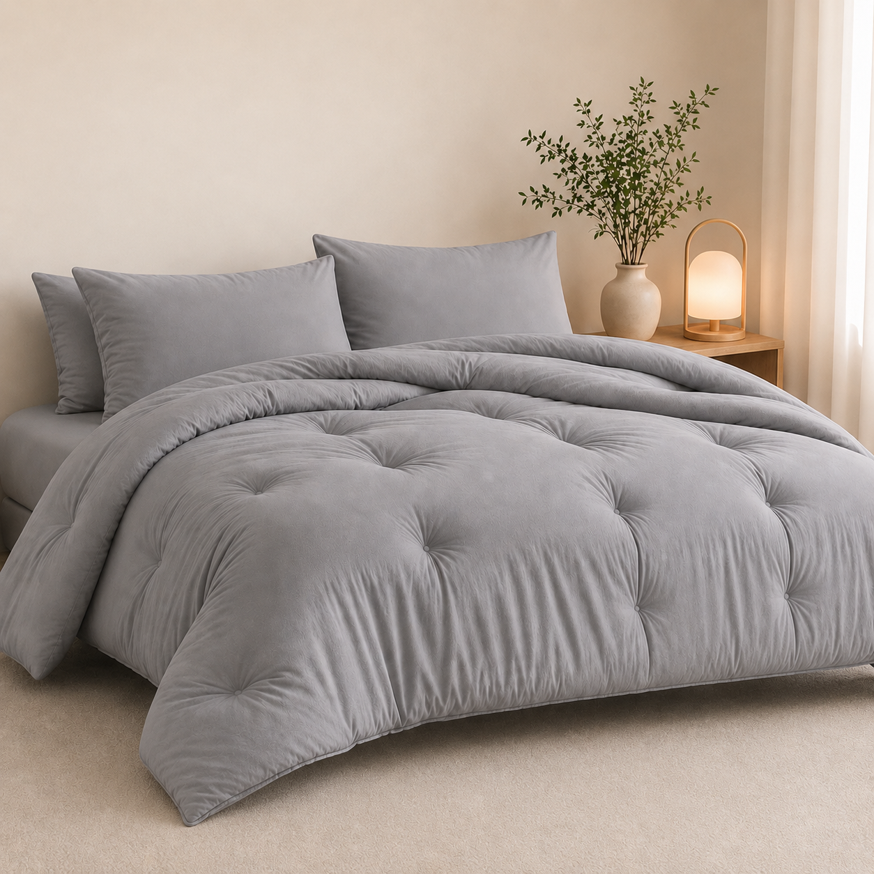 Edredom Cinza Serenity em quarto aconchegante