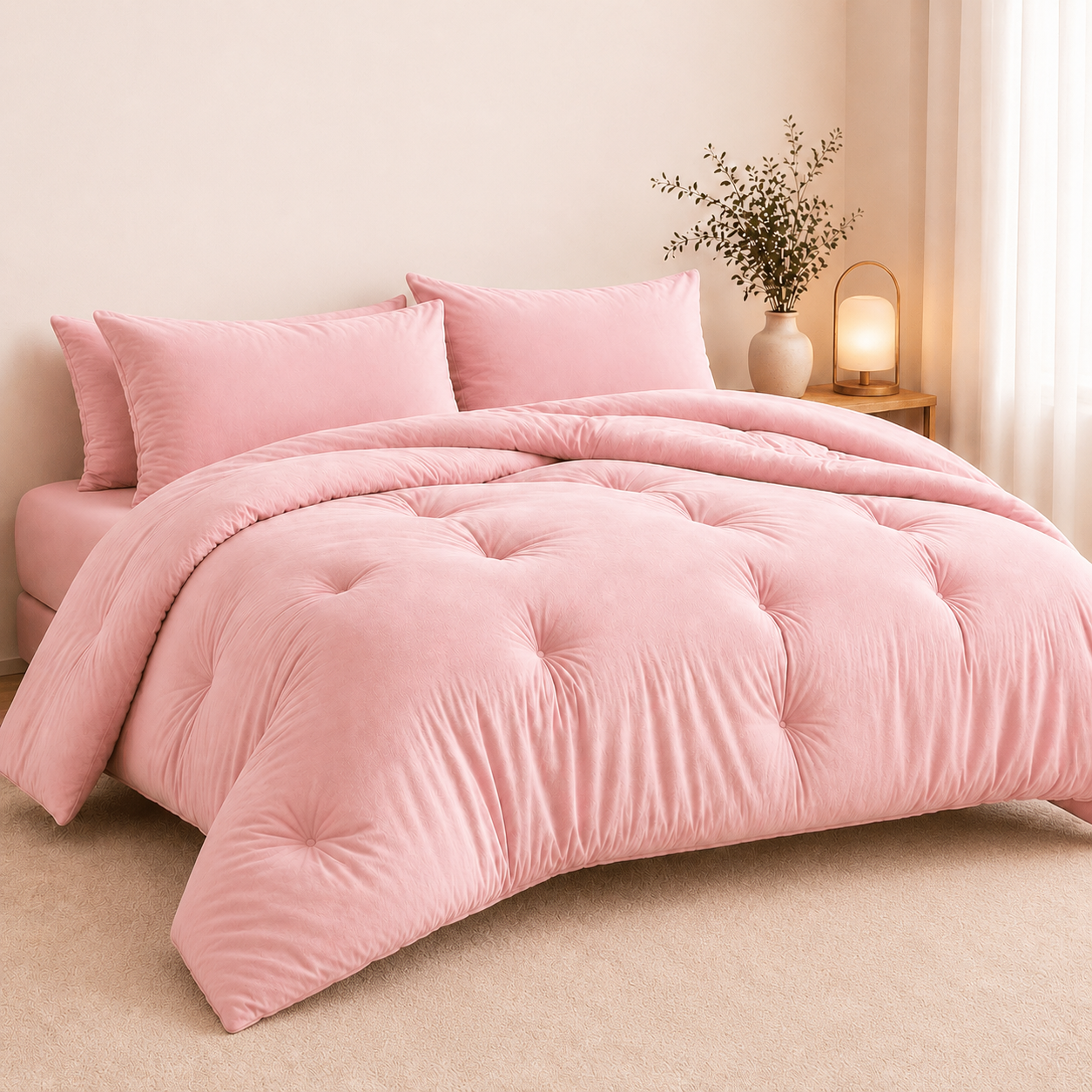 Edredom Rosa Aconchego em quarto aconchegante